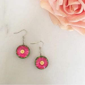 Dark pink flower glass earrings